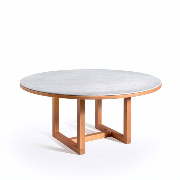 Span Round Dining Table White Carrara Marble, Cherry Wood Base Salvatori by COLLECTIONAL DUBAI