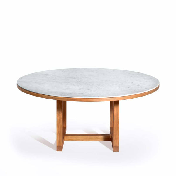 Span Round Dining Table White Carrara Marble, Cherry Wood Base Salvatori by COLLECTIONAL DUBAI