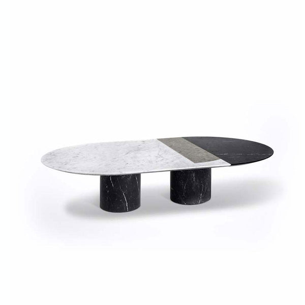 Proiezioni Oval Coffee Table With Inlay White Marble Top, Black Marble Base Salvatori by COLLECTIONAL DUBAI