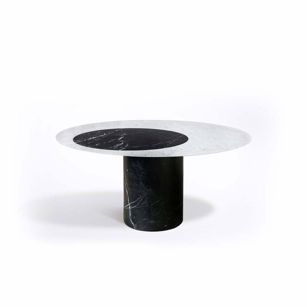 Proiezioni Round Dining Table With Inlay White Carrara Marble Top, Black Marble Base Salvatori by COLLECTIONAL DUBAI