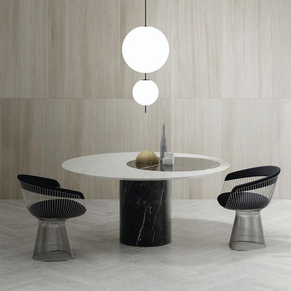 Proiezioni Round Dining Table With Inlay White Carrara Marble Top, Black Marble Base Salvatori by COLLECTIONAL DUBAI