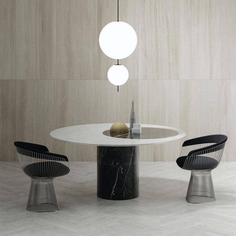 Proiezioni Round | Dining Table circle inlay | Bianco Carrara Marble Top, Black Marble Base