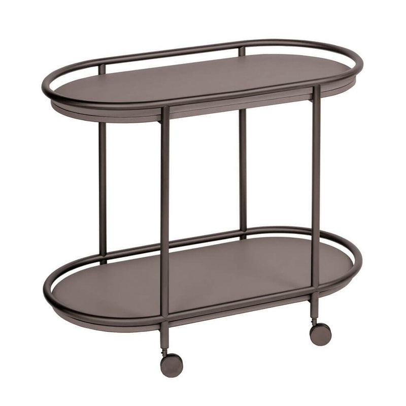 Arcade Oval Trolley | Serving Cart | Brown Leather Shelves, Bronze Frame
