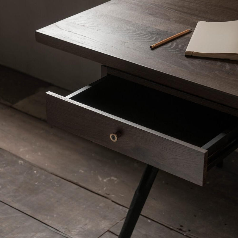 Compass Double Drawer | Desk | Smoked Solid Oak, Iron Legs