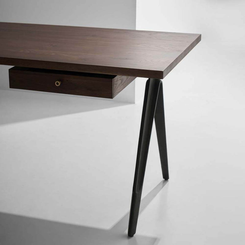Compass Single Drawer | Desk | Smoked Solid Oak, Iron Legs