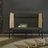 Hideout Loveseat | Sofa | Upholstered Dark Green, Black Lacquered, Woven Cane Sides