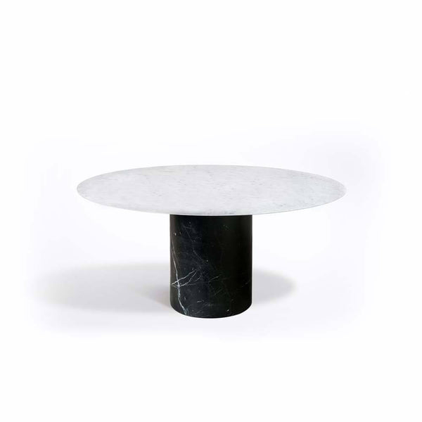Proiezioni Round Dining Table White Carrara Marble Top, Black Marble Base Salvatori by COLLECTIONAL DUBAI