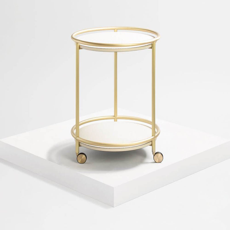 Arcade Small Round Trolley | Serving Cart | White Leather Shelves, Brass Frame