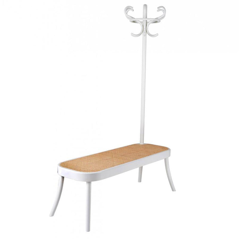 Coat Rack Bench | Hanger | White Lacquered, Woven Cane Seat