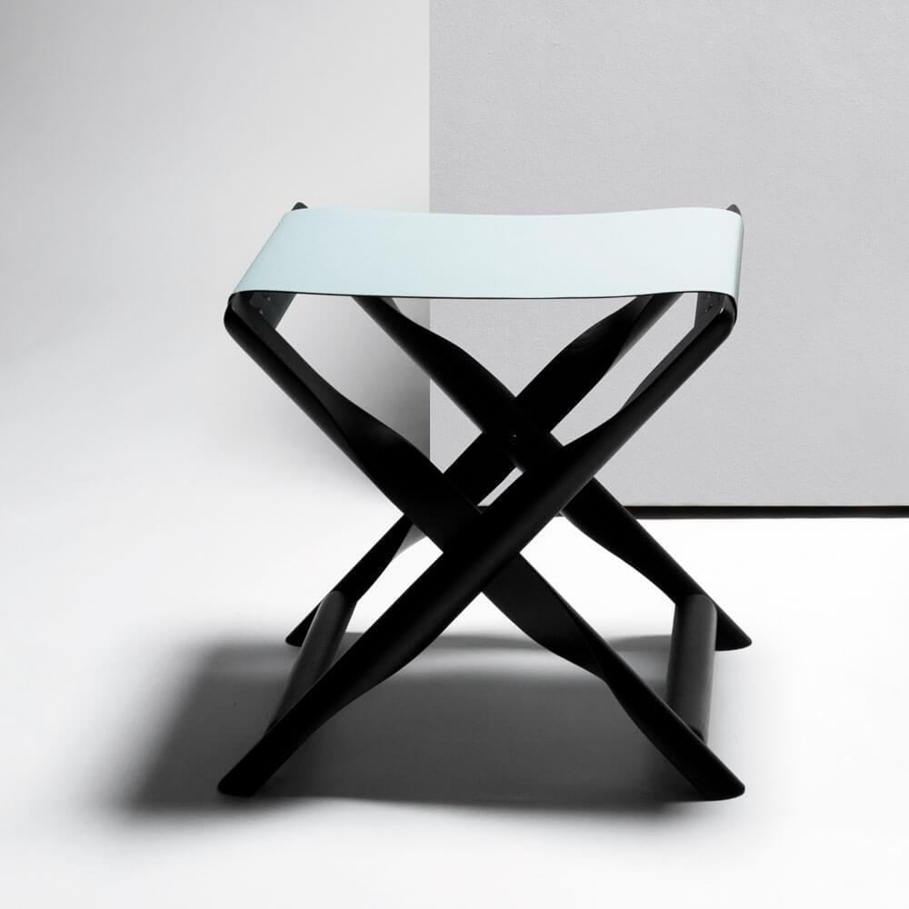 Elica | Low Stool | Sky-blue Leather Seat, Wenge Wood Frame