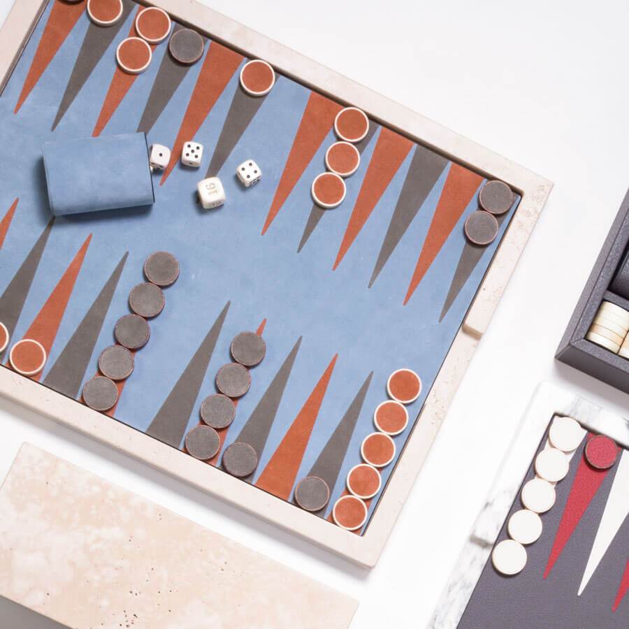 Ettore Marble Backgammon | Board Game | Wave-blue Leather Surface, Travertino Marble Frame