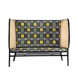 Hideout Loveseat | Sofa | Upholstered Lemon Grey Plaid, Woven Cane Sides