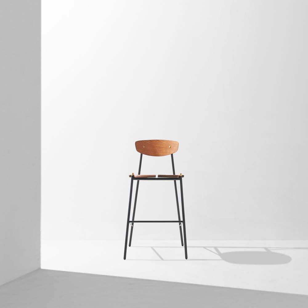 Kink | High Stool | Fumed Oak Seat & Backrest, Black Steel Frame