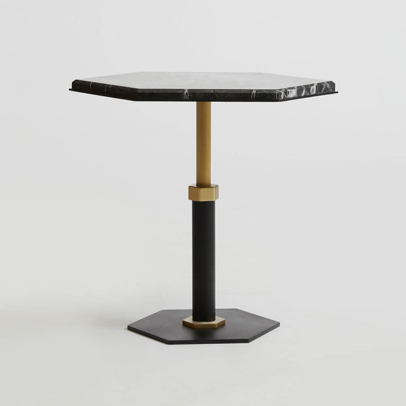 Pedestal | Hexagon Side Table | Black | Brass | Grigio Carnico