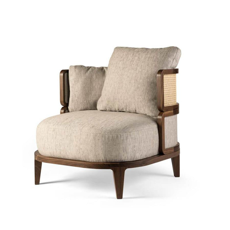 Promenade Lounge | Armchair | Canaletto Walnut, Upholstered Beige, Woven Cane Trim