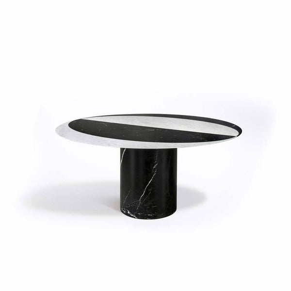 Proiezioni Round Dining Table With Semi Circle Inlay White, Black Marble Salvatori by COLLECTIONAL DUBAI