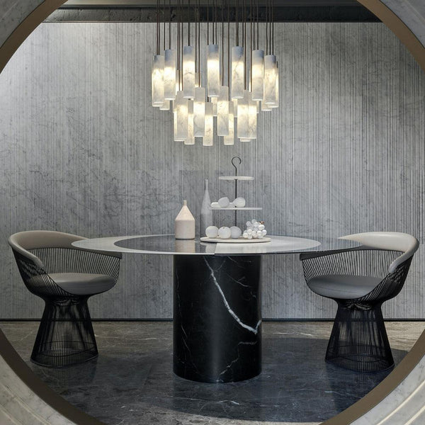 Proiezioni Round Dining Table With Semi Circle Inlay White, Black Marble Salvatori by COLLECTIONAL DUBAI