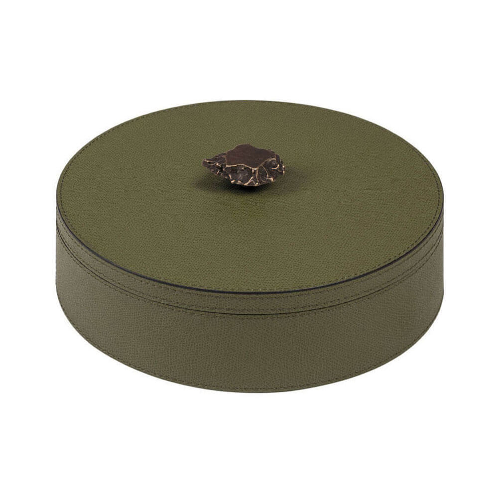 Ambretta Round Large | Trinket Box | Olive Leather Cover, Bronze Handle