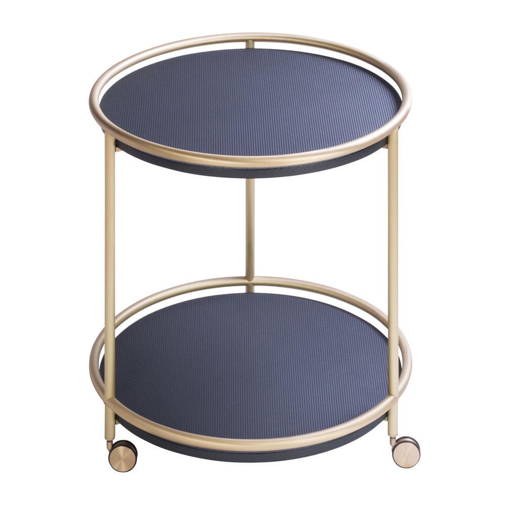 Arcade Large Round Trolley | Serving Cart | Royal Blue Leather Shelves, Brass Frame