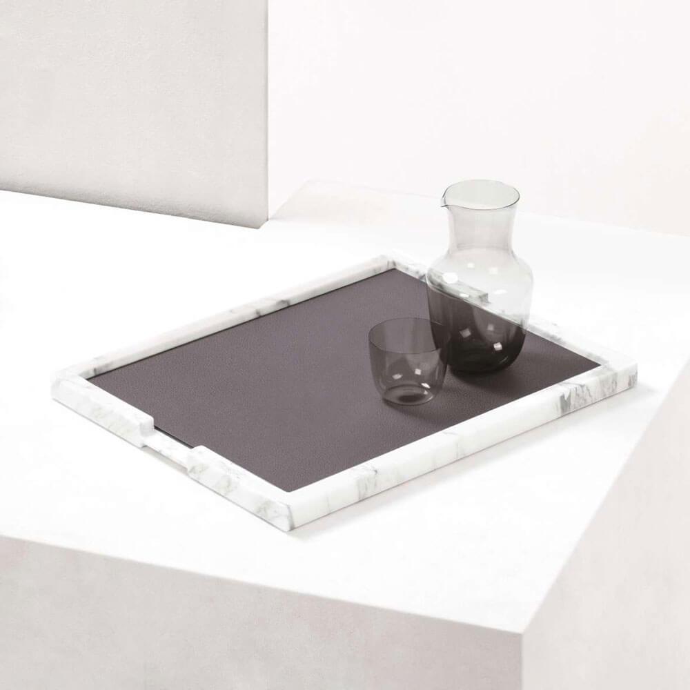 Ettore Rectangular Marble Tray | Serveware | Lava Leather Surface, Arabescato White Marble