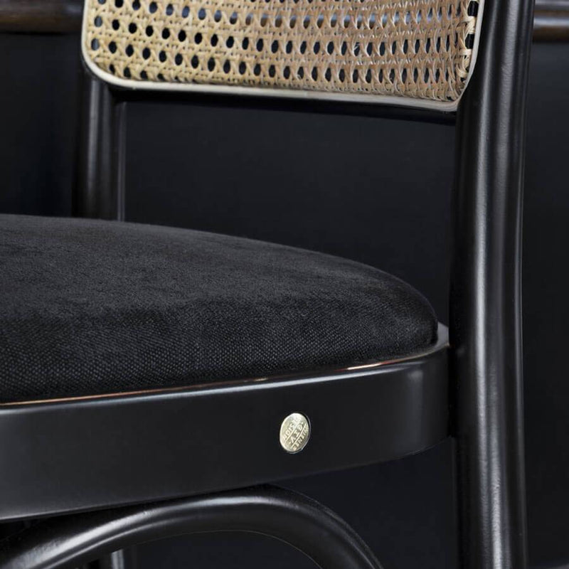 N. 811 | Barstool | Black Lacquered, Upholstered Black Seat, Woven Backrest