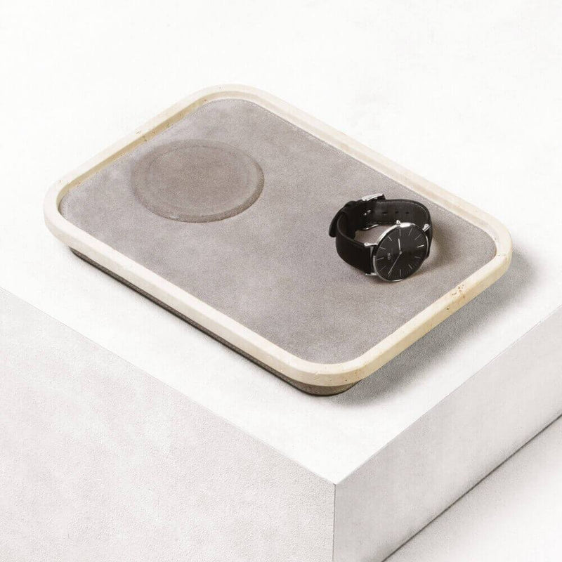 Polo Marmo Wireless Charger | Room Accessory | Grey Leather Pad, Travertino Marble Frame