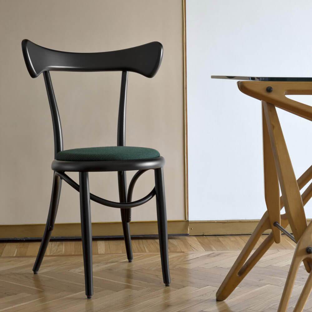 Cafestuhl | Chair | Black Lacquered, Green Upholstered Seat