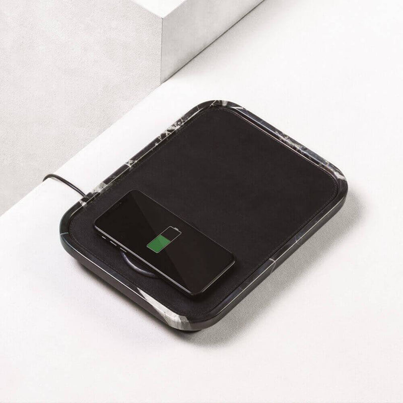 Polo Marmo Wireless Charger | Room Accessory | Black Leather Pad, Black Portoro Marble Frame