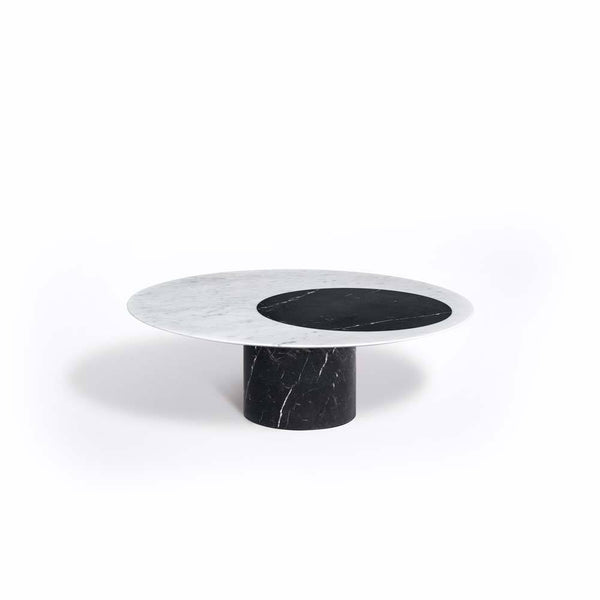 Proiezioni Round Coffee Table With Inlay White Marble Top, Black Marble Base Salvatori by COLLECTIONAL DUBAI
