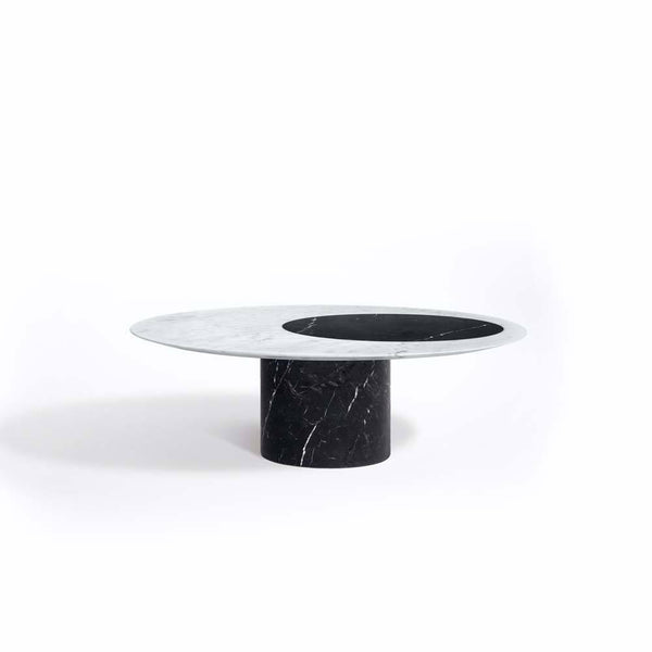Proiezioni Round Coffee Table With Inlay White Marble Top, Black Marble Base Salvatori by COLLECTIONAL DUBAI