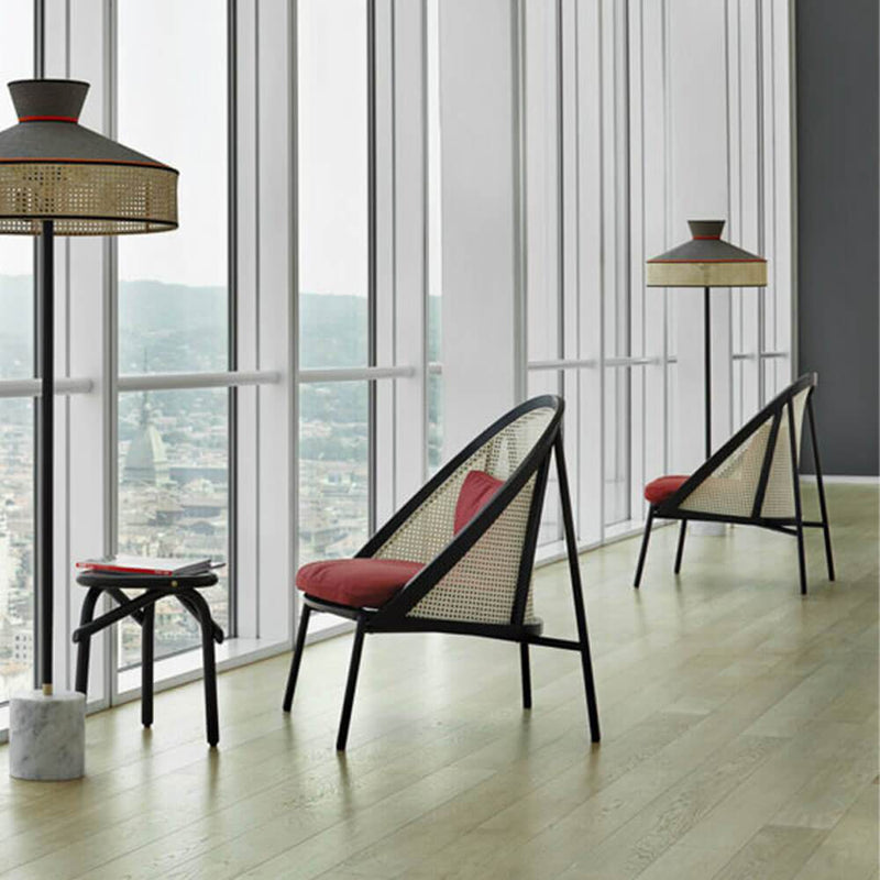 Loïe | Armchair | Woven Backrest, Black Legs, Uphosltered Red Cushions