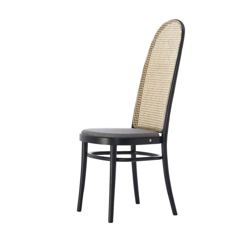 Morris | Chair | Black Lacquered, Upholstered Grey Seat, High Back Woven Cane