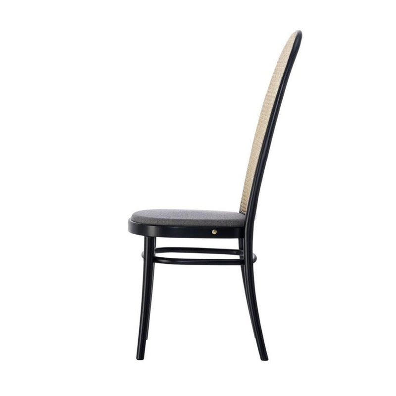 Morris | Chair | Black Lacquered, Upholstered Grey Seat, High Back Woven Cane