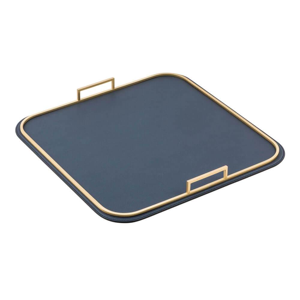 Bellini Square Large Tray | Serveware | Ocean-Blue Leather Base, Brass Handles