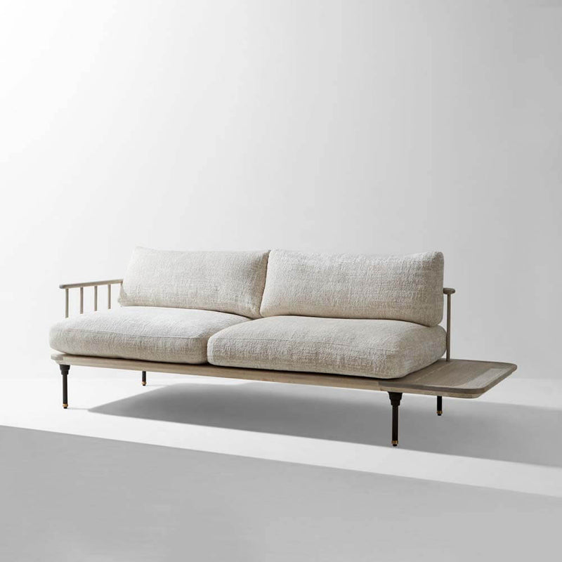 Distrikt Chaise Left Tray | Chaise Lounge | Upholstered Pearl White Fabric, Faded Oak Frame