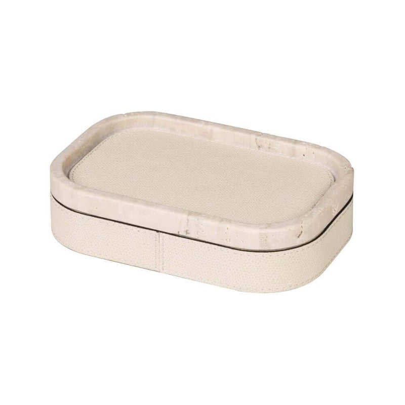 Polo Mini Rectangular Stackable | Trinket Box | Ivory Leather Cover, Travertino Marble