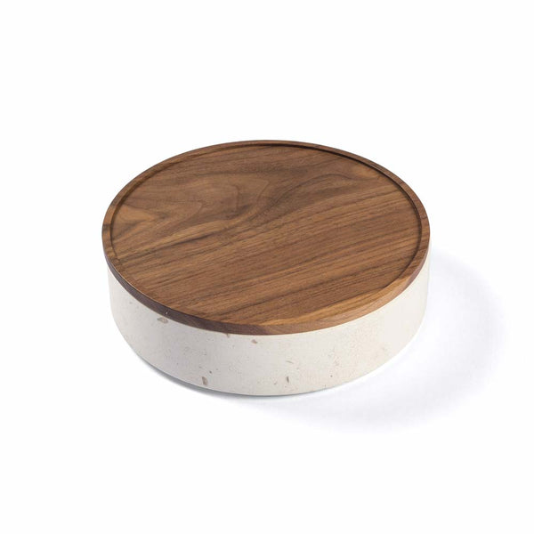 Pietra L09 Large Container Trinket Box Crema d'Orcia Marble, Walnut Wood Lid Salvatori by COLLECTIONAL DUBAI