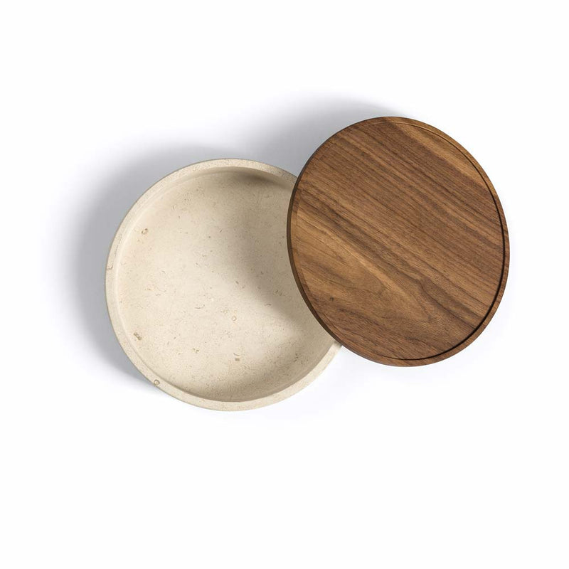 Pietra L09 Large Container | Trinket Box | Crema d'Orcia Marble, Walnut Wood Lid